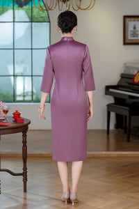 Aubergine Acetate Stretch Satin Embroidered Modern Qipao Midi | Mandarin Collar Keyhole