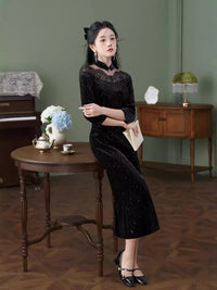 Black Lace-Paneled Qipao | Modern Mandarin, Slim Mid-Length Evening Dress