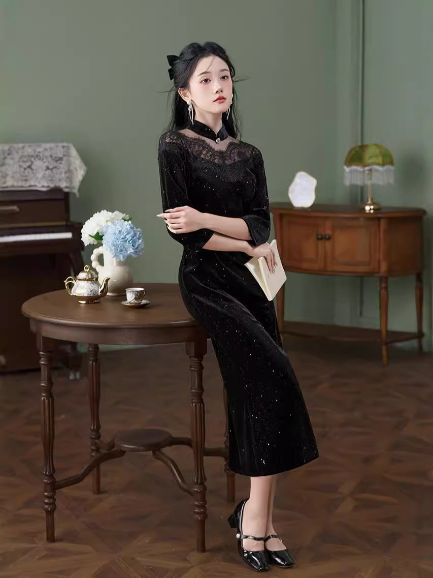 Black Lace-Paneled Qipao | Modern Mandarin, Slim Mid-Length Evening Dress