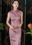 Pink Jacquard Peony Qipao Dress | Sleeveless Mandarin Collar Slim Midi Cheongsam