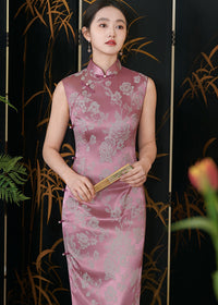 Pink Jacquard Peony Qipao Dress | Sleeveless Mandarin Collar Slim Midi Cheongsam