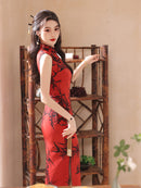 Red Black Bamboo Print Qipao Dress Sleeveless Mandarin Collar Slim Fit Side Slit Maxi