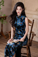 Blue Floral Vintage Sleeveless Slim Qipao Dress