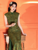 Green Jacquard Sleeveless Qipao Dress | Mandarin Collar Slim Maxi Cheongsam