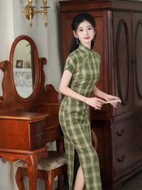 Spring TR Plaid Qipao Maxi Dress | Slim Vintage Chic