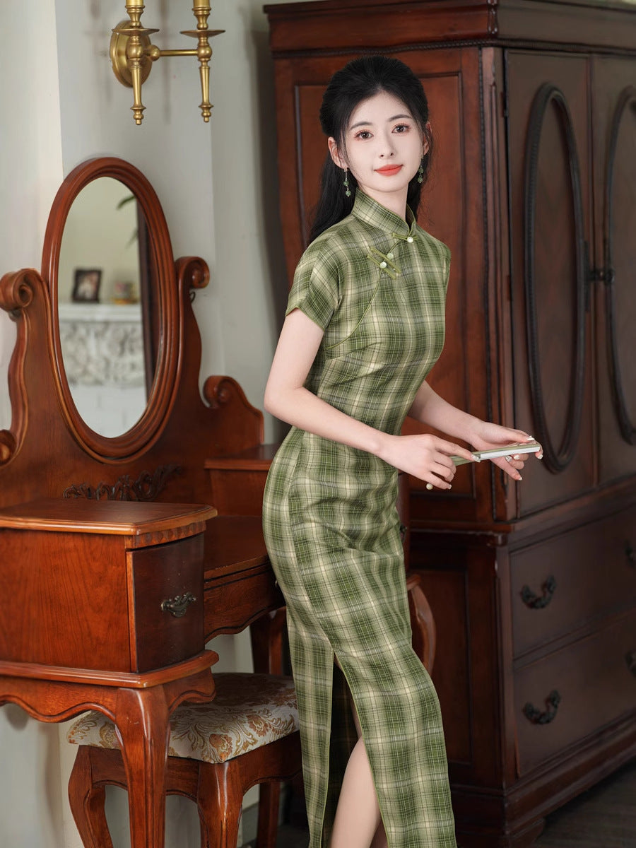 Spring TR Plaid Qipao Maxi Dress | Slim Vintage Chic