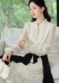 Modern Chinese Two-Piece Set | Tassel Frog-Button Blouse & Layered Wrap Skirt