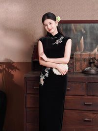 Black Floral-Embroidered Modern Qipao Midi | Mandarin Collar