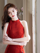 Elegant Red Halter Neck Qipao Dress | New Chinese Slim Jacquard Evening Gown with Tie Scarf