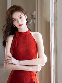 Elegant Red Halter Neck Qipao Dress | New Chinese Slim Jacquard Evening Gown with Tie Scarf