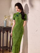 Emerald Green Blue-Piping Tonal Jacquard Short Sleeve Qipao Maxi Dress | Mandarin Collar Slit Cheongsam