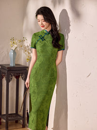 Emerald Green Blue-Piping Tonal Jacquard Short Sleeve Qipao Maxi Dress | Mandarin Collar Slit Cheongsam