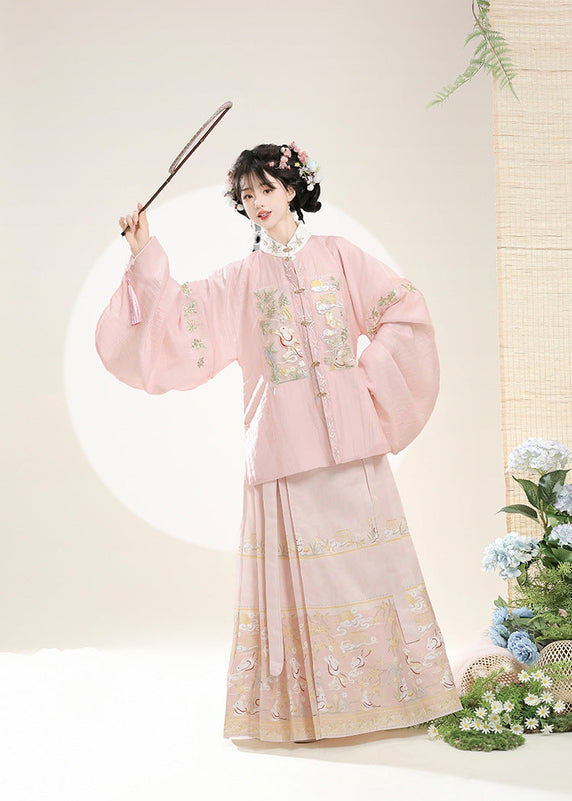 Ming-Style Stand-Collar Embroidered Patch Top & Mamian Skirt Set | Osmanthus Bunny Motif Elegant Hanfu