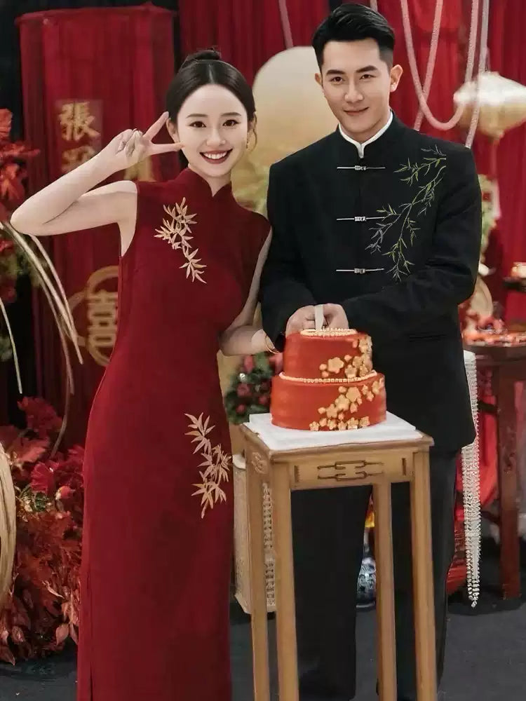 New Chinese Bamboo Embroidery Couple Outfit | Zhongshan & Cheongsam