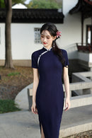 Navy Minimalist Short Sleeve Qipao Dress | Mandarin Collar Slim Maxi Cheongsam