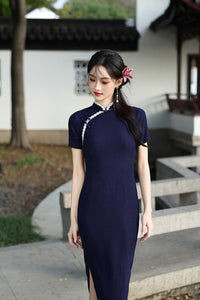 Navy Minimalist Short Sleeve Qipao Dress | Mandarin Collar Slim Maxi Cheongsam