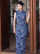Blue Rose Floral Print Sleeveless Slim Mandarin Qipao Dress
