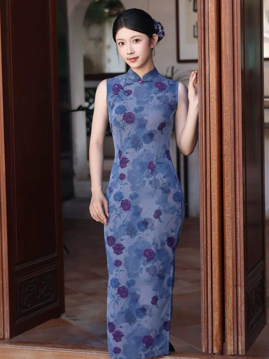 Blue Rose Floral Print Sleeveless Slim Mandarin Qipao Dress