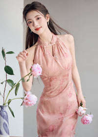 Chinese Style Pink Gradient Halter Cold-Shoulder Qipao Dress