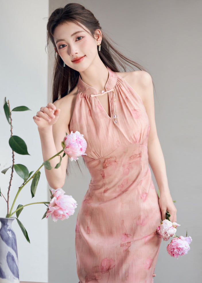 Chinese Style Pink Gradient Halter Cold-Shoulder Qipao Dress