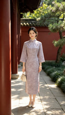 Purple Velvet Petal Sleeve Qipao Dress | Slim Mandarin Maxi