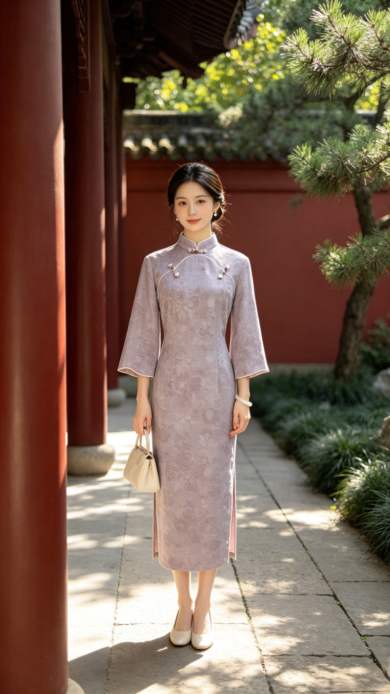 Purple Velvet Petal Sleeve Qipao Dress | Slim Mandarin Maxi