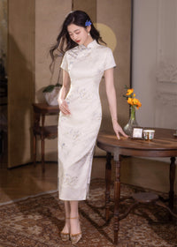 Ivory Embroidered Satin Long Qipao | Short-Sleeve Slim Silhouette