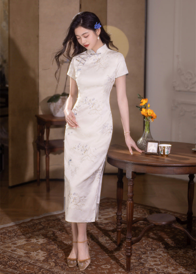 Ivory Embroidered Satin Long Qipao | Short-Sleeve Slim Silhouette