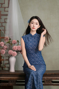 Dusty Blue Jacquard Sleeveless Long Qipao Dress | Mandarin Collar Slim Vintage Banquet Gown