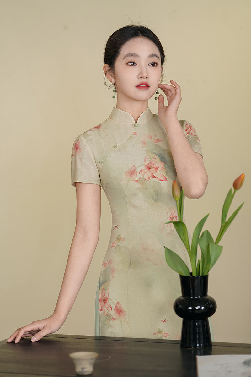 Mint-Green Watercolor Lotus Qipao Midi | Mandarin Short Sleeves