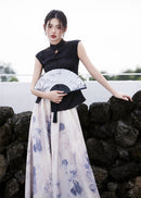 Modern Chinese Set | Sleeveless Mandarin Top & Ink-Print Maxi Skirt