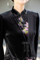 New-Chinese Black Qipao Jacket | Fitted V-Neck with Beaded Frog Buttons & Tassels