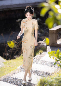 天鹅绒黑色碎花旗袍连衣裙优雅晚装风格