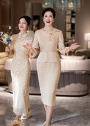 Champagne Mother-of-the-Bride Qipao Set | V-Neck Peplum Top & Midi Skirt
