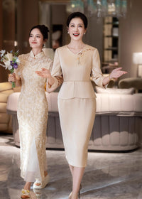 Champagne Mother-of-the-Bride Qipao Set | V-Neck Peplum Top & Midi Skirt