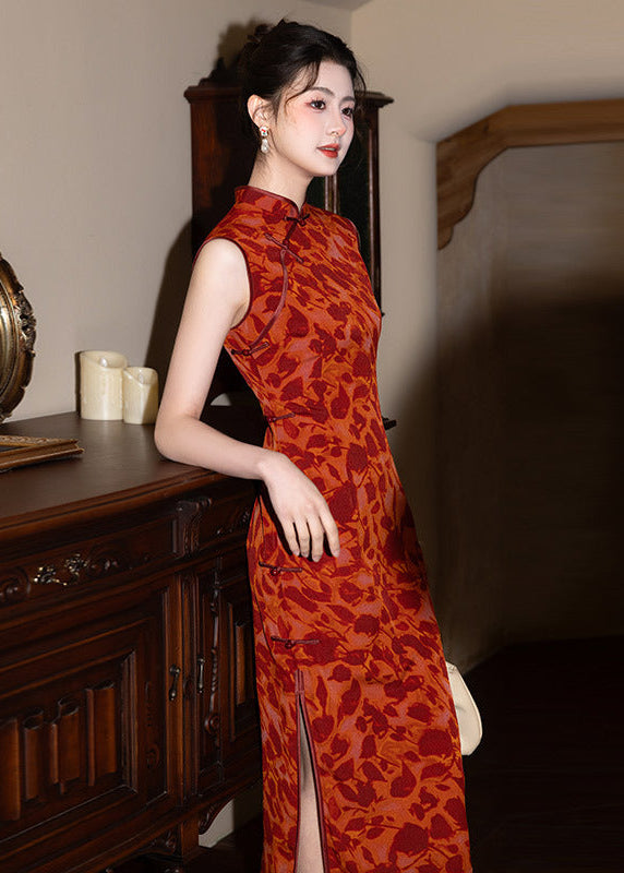 Sleeveless Red Long Qipao | Modern Mandarin Slim Jacquard Gown