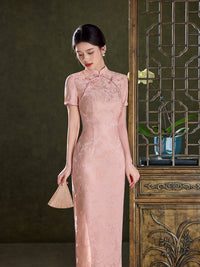 Champagne Pink Tonal Jacquard Short Sleeve Qipao Maxi Dress | Mandarin Collar Slit Cheongsam