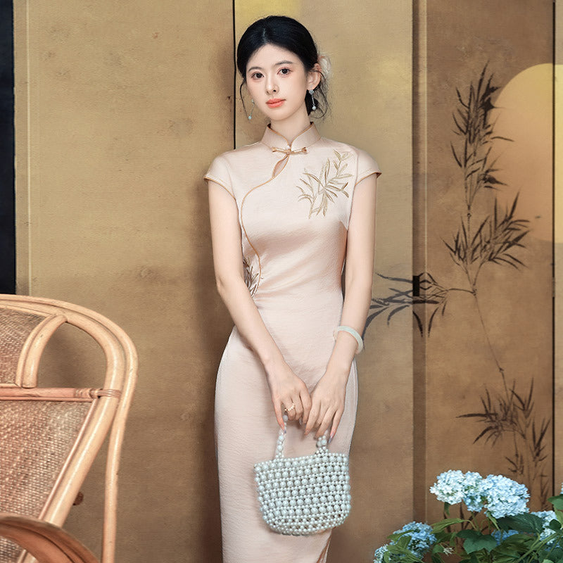 Bamboo Embroidered Qipao Dress | Champagne Mandarin Collar Slim Chinese Dress | HANGRACE