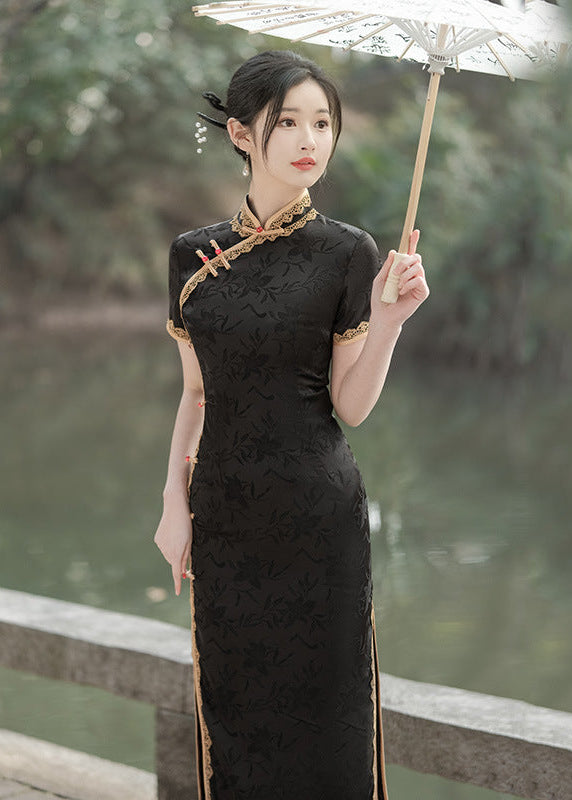 Black Mandarin Collar Qipao | Exquisite Tassel Detail Slim Fit Dress