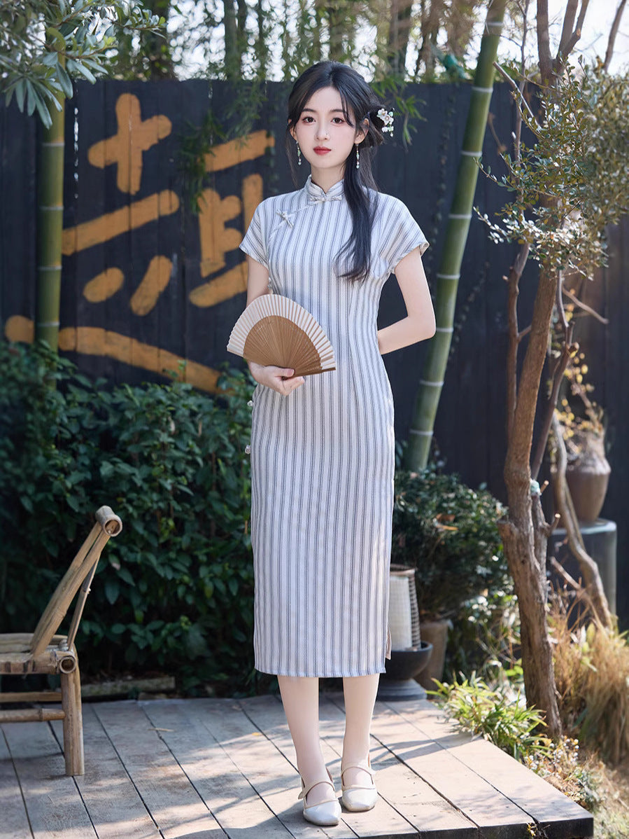 Ivory-Grey Striped Qipao Maxi Dress | Mandarin Collar & Frog Buttons