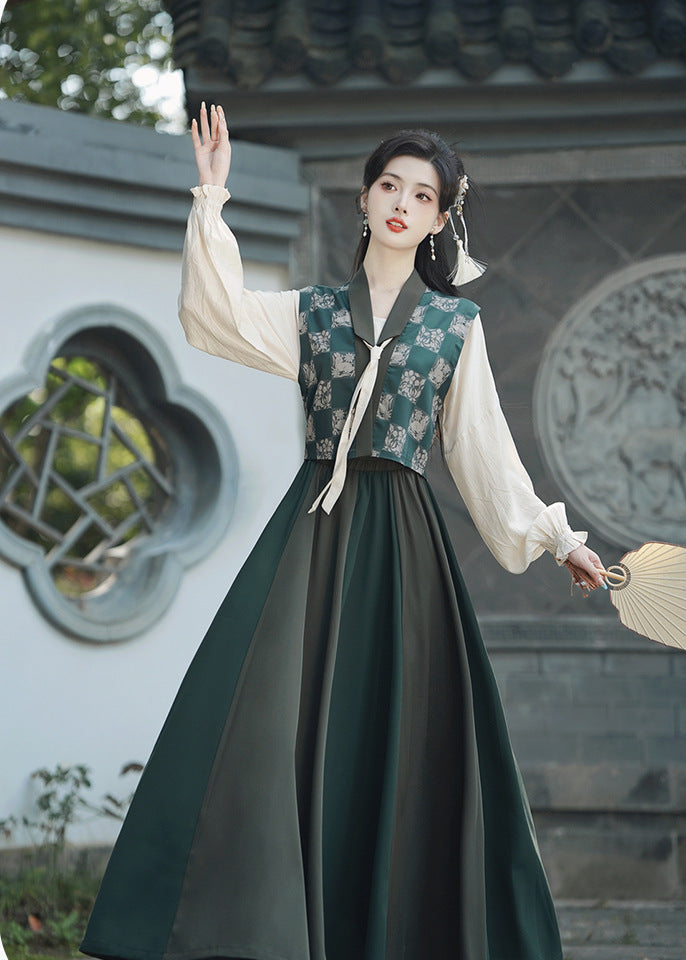 Spring Tang-Style Blouse & Eight-Panel Skirt Set | Deep-Green Patchwork Vest, Lantern Sleeves, High-Waist Flowing Maxi