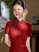 Burgundy Blue-Piping Tonal Jacquard Short Sleeve Qipao Maxi Dress | Mandarin Collar Slit Cheongsam
