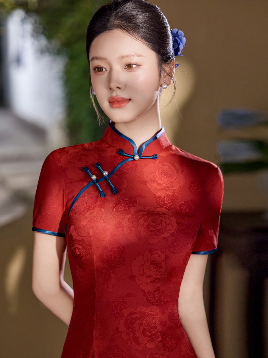 Burgundy Blue-Piping Tonal Jacquard Short Sleeve Qipao Maxi Dress | Mandarin Collar Slit Cheongsam