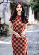 Vintage Red Plaid Qipao | Slim Mandarin Collar Maxi Dress