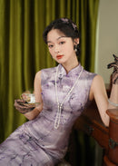 Purple Floral Branch Qipao Dress for Women | Mandarin Collar Frog Button Slim Fit Elegant Dress