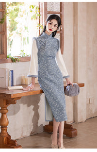 Vintage Floral Design Chinese Cheongsam Dress for Women with Fur Trim