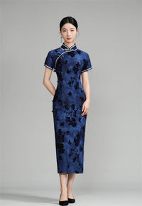 Indigo Vintage Chinese Plus-size Qipao Maxi | Mandarin Collar