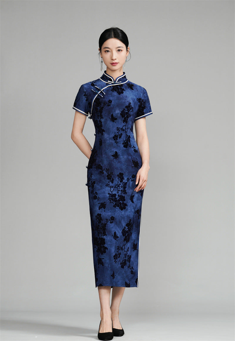 Indigo Vintage Chinese Plus-size Qipao Maxi | Mandarin Collar