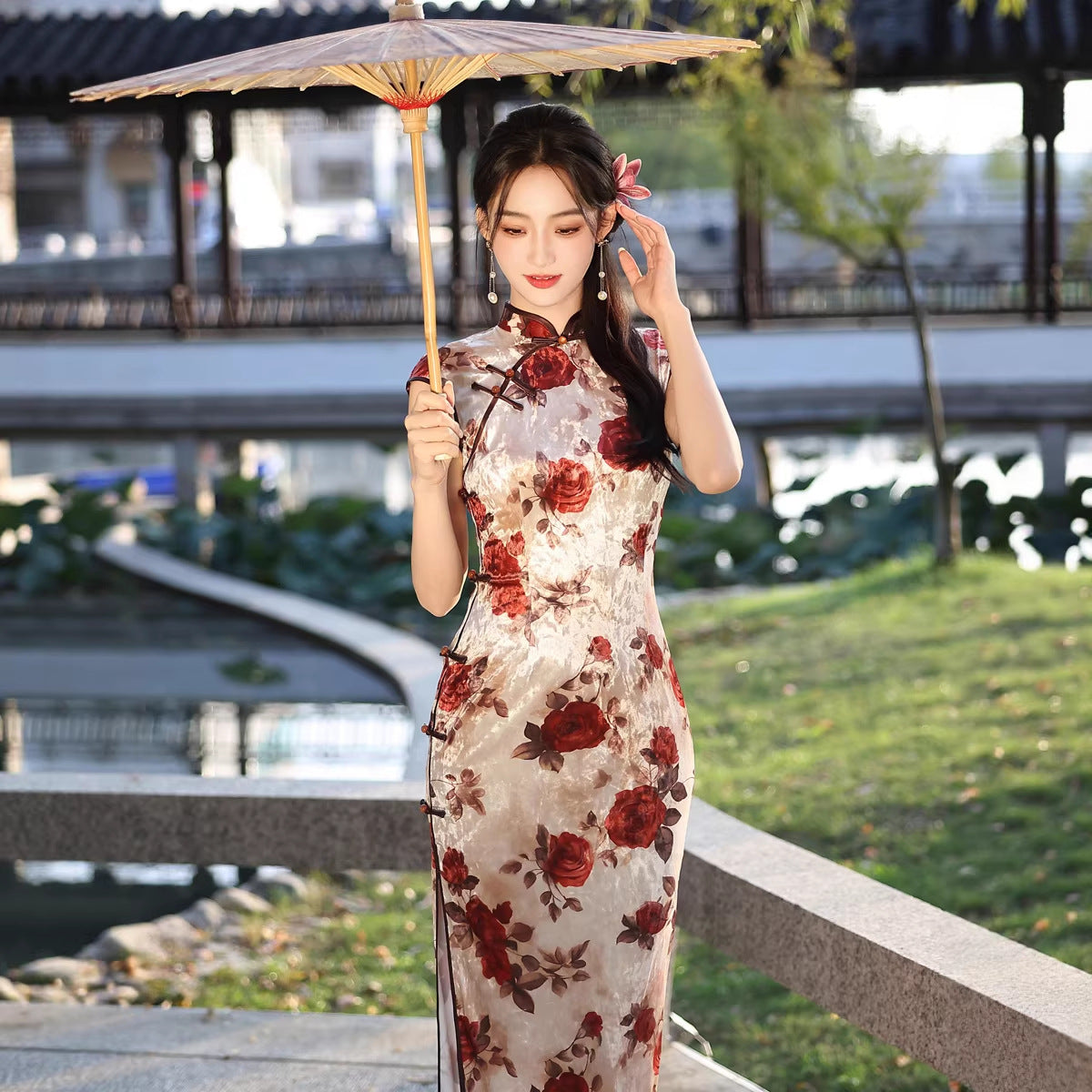 Ivory & Burgundy Rose Floral Qipao Dress | Vintage Slim Mandarin Collar Maxi Cheongsam