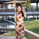 Ivory & Burgundy Rose Floral Qipao Dress | Vintage Slim Mandarin Collar Maxi Cheongsam